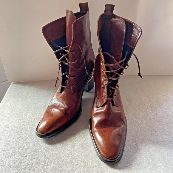 Vintage Joan David Boots Women Size 10 M Brown Leather Lace Up Handmade In Italy - Picture 1 of 15